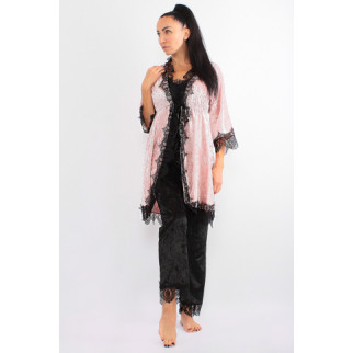 Жіночий велюровий комплект трійка штани, майка та халат (17111-113) рожевий/чорний 46 - Інтернет-магазин спільних покупок ToGether