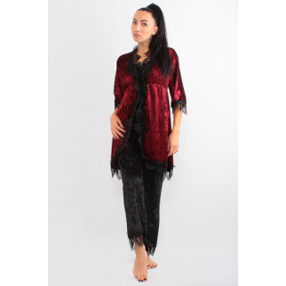 Жіночий велюровий комплект трійка штани, майка та халат (17111-113) бордовий/чорний - Інтернет-магазин спільних покупок ToGether
