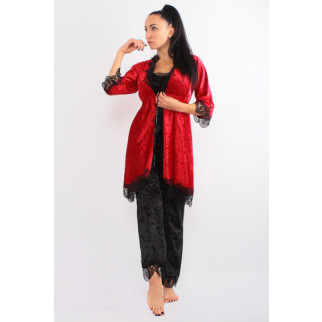 Жіночий велюровий комплект трійка штани, майка та халат (17111-113) червоний/чорний 44 - Інтернет-магазин спільних покупок ToGether
