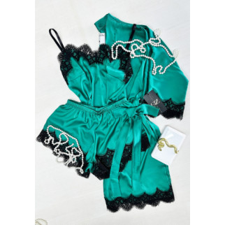 Шовковий домашній комплект шортики+майка+халат шовк Сінді трійка (зелений) 46 - Інтернет-магазин спільних покупок ToGether