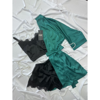 Шовковий домашній комплект шортики+майка+халат шовк Сінді трійка (зелений) - Інтернет-магазин спільних покупок ToGether