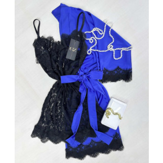 Шовковий домашній комплект пеньюар та халат шовк Сінді трійка (синій) 44 - Інтернет-магазин спільних покупок ToGether