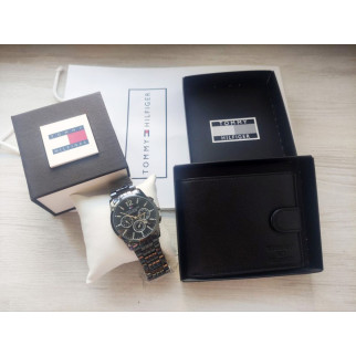 Мужской подарочный набор Tommy часы и кожаный кошелек  total black - Інтернет-магазин спільних покупок ToGether