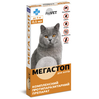 Краплі на холку ProVET «Мега Стоп» для котів до 4 кг, 1 піпетка (від зовнішніх та внутрішніх паразитів) - Інтернет-магазин спільних покупок ToGether