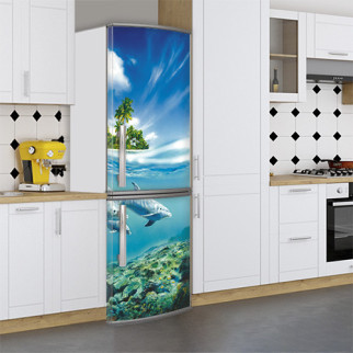 Вінілова наклейка на холодильник, дельфіни в морі, 180х60 см - Лицьова (В), з ламінуванням - Інтернет-магазин спільних покупок ToGether