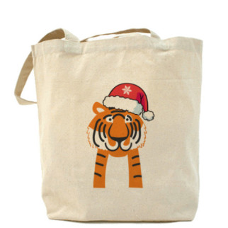 Еко-сумка шоппер з принтом Тигр у шапці Санти Арбуз Бежевий - Інтернет-магазин спільних покупок ToGether