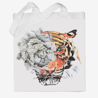 Еко-сумка шоппер з принтом Тигр і біла квітка Кавун Бежевий - Інтернет-магазин спільних покупок ToGether