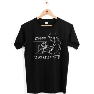 Футболка чоловіча чорна з принтом для баристи "Coffee is my religion. Кава моя релігія" Кавун S ФП011943S - Інтернет-магазин спільних покупок ToGether