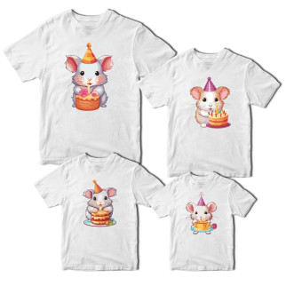 Комплект футболок білі Фемілі Лук Family Look для всієї родини "Сім'я мишей у святкових ковпаках з тортами" Кавун S ФП012081 - Інтернет-магазин спільних покупок ToGether