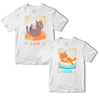 Комплект білих футболок для закоханих із принтом "Cats King and Queen. Коти Король та Королева" Кавун ФП011798 S M - Інтернет-магазин спільних покупок ToGether