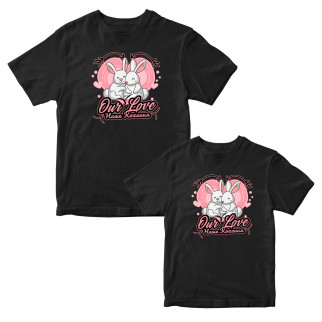 Комплект чорних футболок для закоханих із принтом "Our Love. Наше кохання. Закохані зайці на серці" Кавун ФП012129 S M - Інтернет-магазин спільних покупок ToGether