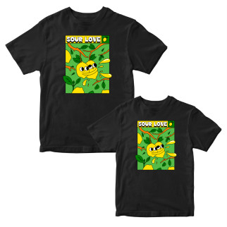 Комплект чорних футболок для закоханих з принтом "Sour Love. Парочка лимонів. Кисле кохання" Кавун ФП012121 S M - Інтернет-магазин спільних покупок ToGether