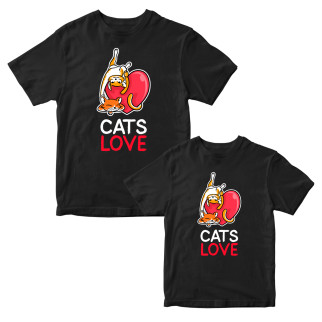 Комплект чорних футболок для закоханих із принтом "Cats Love Парочка котів. Закохані котики із серцем" Кавун ФП012140 S M - Інтернет-магазин спільних покупок ToGether