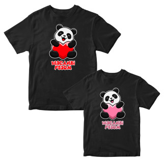 Комплект чорних футболок для закоханих із принтом "Пара панд. Щасливі разом. Панди із серцем" Кавун ФП012145 S M - Інтернет-магазин спільних покупок ToGether