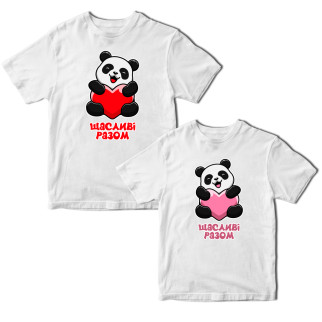 Комплект білих футболок для закоханих з принтом "Пара панд. Щасливі разом. Панди із серцем" Кавун ФП012146 S M - Інтернет-магазин спільних покупок ToGether