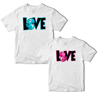 Комплект білих футболок для закоханих із принтом "Love. Два папуги. Кольорові папуги" Кавун ФП012154 S M - Інтернет-магазин спільних покупок ToGether