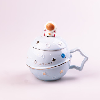 Чашка керамічна Астронавт із кришкою та ложкою Happy Life 400 мл блакитний (HPCY8282BL) - Інтернет-магазин спільних покупок ToGether