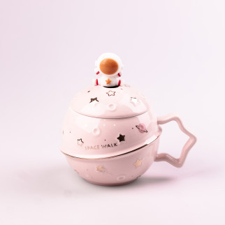 Чашка керамічна Астронавт із кришкою та ложкою Happy Life 400 мл рожевий (HPCY8282P) - Інтернет-магазин спільних покупок ToGether