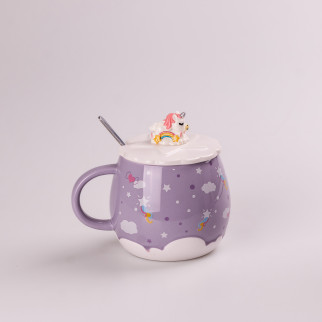 Чашка керамічна Rainbow з кришкою і ложкою Happy Life 400 мл бузковий (HPCY8278V) - Інтернет-магазин спільних покупок ToGether
