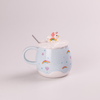 Чашка керамічна Rainbow з кришкою і ложкою Happy Life 400 мл блакитний (HPCY8278BL) - Інтернет-магазин спільних покупок ToGether