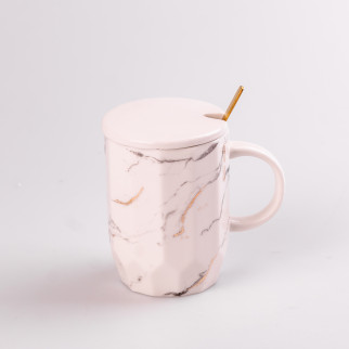 Чашка керамічна з кришкою і ложкою Мармур Happy Life 420 мл білий (HPCY8312W) - Інтернет-магазин спільних покупок ToGether