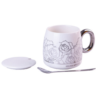 Чашка керамічна Golden Romance з кришкою і ложкою TS Kitchen 400 мл білий (HP405W) - Інтернет-магазин спільних покупок ToGether