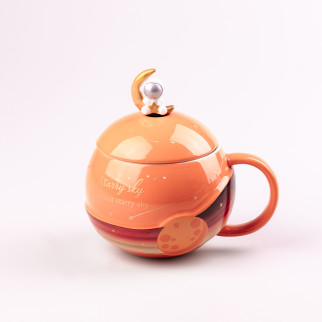 Чашка керамічна Космонавт із кришкою та ложкою TS Kitchen 400 мл помаранчевий (HP877O) - Інтернет-магазин спільних покупок ToGether