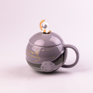 Чашка керамічна Космонавт із кришкою та ложкою TS Kitchen 400 мл сірий (HP877G) - Інтернет-магазин спільних покупок ToGether