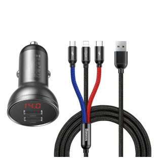 Автомобільний зарядний пристрій BASEUS TZCCBX-0G 2USB кабель Lightning/Micro/Type-C 24W 4.8A + вольтметр - Інтернет-магазин спільних покупок ToGether
