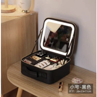 Косметичка-валізатор з LED дзеркалом шкіряна 31330 (чорна/рожева) - Інтернет-магазин спільних покупок ToGether