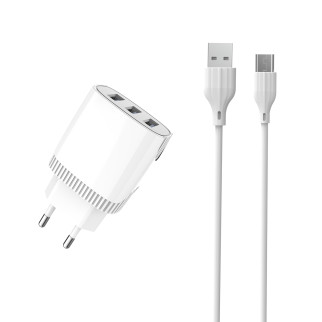 Мережевий зарядний пристрій Aspor A813 (3USB/3.4A) + USB кабель Type-C- білий - Інтернет-магазин спільних покупок ToGether