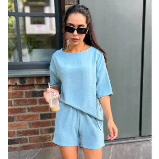 Літній костюм жіночий з шортами однотонний блакитний літній комплект костюм шорти та футболка на літо жіночий - Інтернет-магазин спільних покупок ToGether