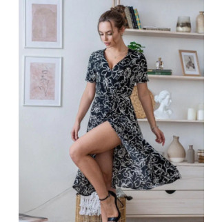 Літня сукня на запах чорна з квітами легка жіноча сукня з коротким рукавом міді з поясом сукня на літо 44-46 розмір - Інтернет-магазин спільних покупок ToGether