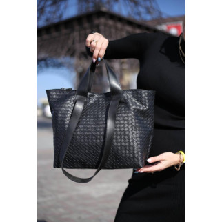 Велика жіноча сумка простора з дорогою екошкіри з імітацією плетіння чорного кольору - Інтернет-магазин спільних покупок ToGether