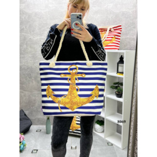 Велика жіноча сумка пляжна лляна в смужку "Якір" блакитна - Інтернет-магазин спільних покупок ToGether