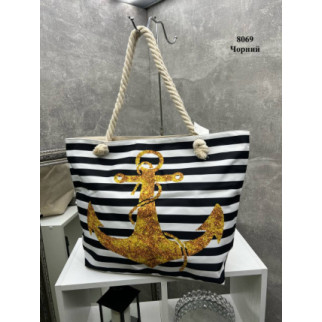 Велика жіноча пляжна сумка з лляної тканини в смужку "Якір" чорна - Інтернет-магазин спільних покупок ToGether