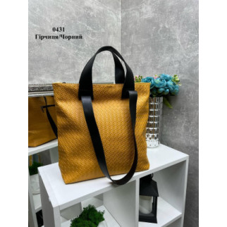 Велика стильна жіноча сумка формату А4 на блискавці з екошкіри з плетінням, гірчична з чорними ручками - Інтернет-магазин спільних покупок ToGether