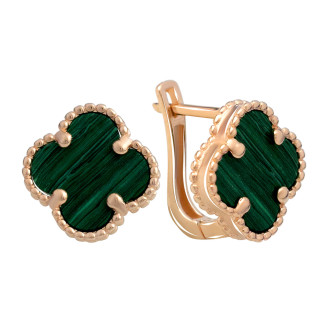 Модні золоті сережки клевер з зеленим малахітом кульчики в стилі Ван кліф з зеленим каменем та англійським замком - Інтернет-магазин спільних покупок ToGether