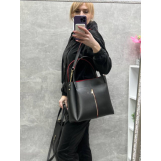 Чорна з червоним усередені - ФОРМАТ А4 - стильна сумка великого розміру з функціональною кишенею спереду (0509) - Інтернет-магазин спільних покупок ToGether