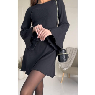 Стильна трикотажна сукня в рубчик чорна коротка жіноча сукня з довгими рукавами розширенними - Інтернет-магазин спільних покупок ToGether