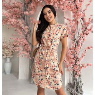 Красива літня сукня жіноча з коротким рукавом у квіточку бежева сукня на літо з поясом з тканини софт - Інтернет-магазин спільних покупок ToGether