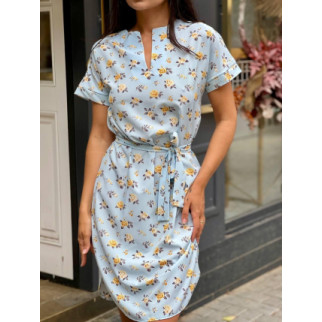 Красива літня сукня жіноча з коротким рукавом жовті квіти блакитна сукня на літо з поясом з тканини софт - Інтернет-магазин спільних покупок ToGether
