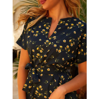 Красива літня сукня жіноча з коротким рукавом жовті квіти синя сукня на літо з поясом з тканини софт - Інтернет-магазин спільних покупок ToGether