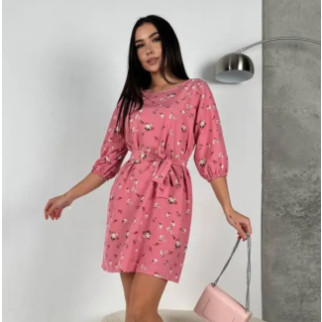Легка літня сукня в квіточку рожева сукня прямого крою з поясом коротка жіноча сукня з рукавом на літо - Інтернет-магазин спільних покупок ToGether