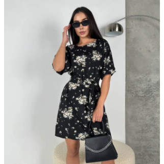 Легка літня сукня в квіточку чорна сукня прямого крою з поясом коротка жіноча сукня з рукавом на літо - Інтернет-магазин спільних покупок ToGether
