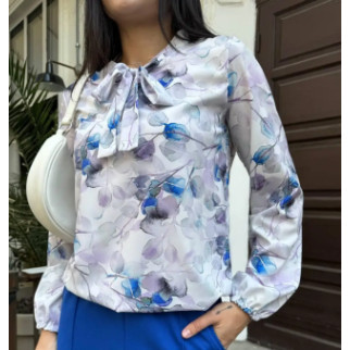 Стильна жіноча біла блуза в блакитну квіточку з коміром на зав'язках блузка з довгим рукавами. - Інтернет-магазин спільних покупок ToGether