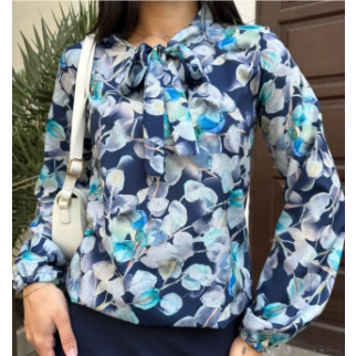 Стильна жіноча синяя блуза в блакитну квіточку з коміром на зав'язках блузка з довгим рукавами. - Інтернет-магазин спільних покупок ToGether