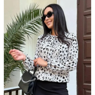 Стильна жіноча біла блуза в чорний листочок з коміром на зав'язках блузка з довгим рукавами - Інтернет-магазин спільних покупок ToGether