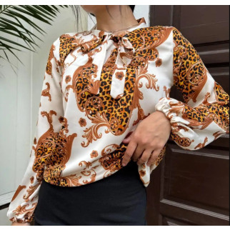 Стильна жіноча блуза біла принт леопардовий з коміром на зав'язках блузка з довгим рукавами - Інтернет-магазин спільних покупок ToGether