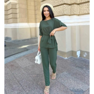 Літній жіночий брючний костюм з поясом зелений костюм прогулянковий з брюками і блузою легкий костюм на літо - Інтернет-магазин спільних покупок ToGether